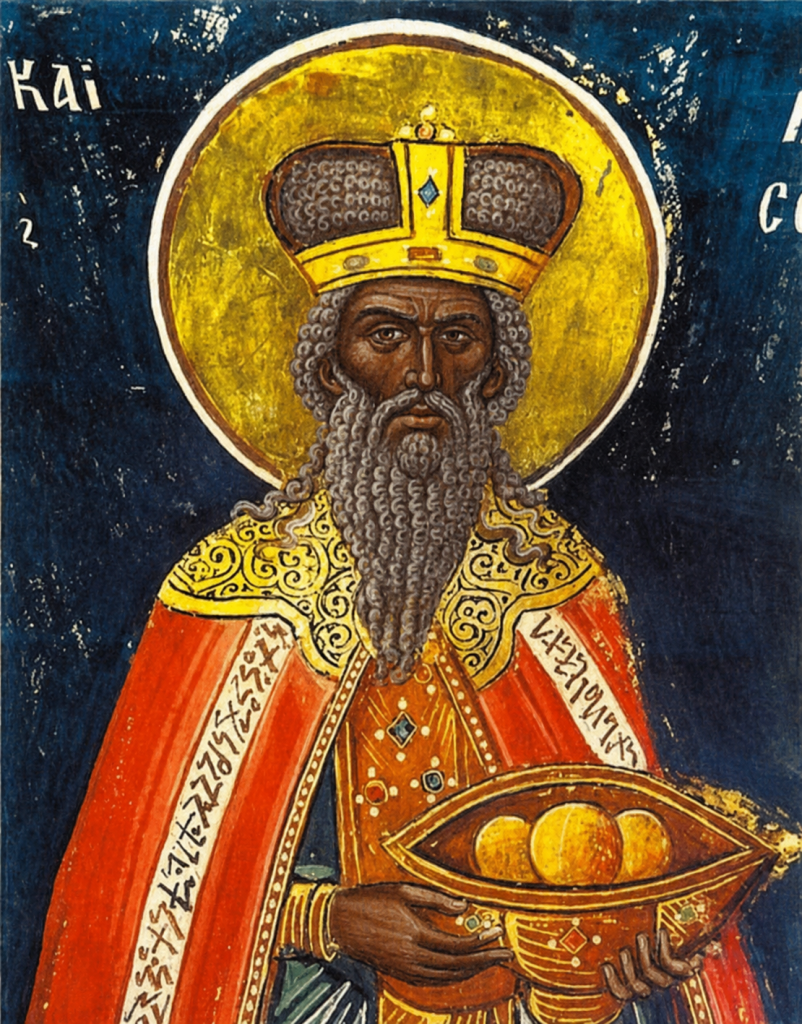 Image of Melchizedek rendered in the Byzantine style which spans from the foundation of Constantinople in 330 CE to its fall in 1453 CE
